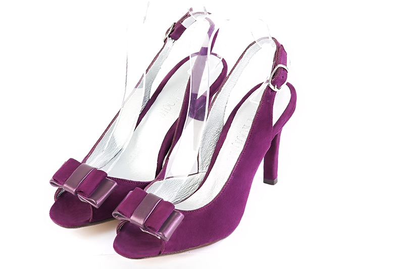 Mulberry purple women's slingback sandals. Round toe. High slim heel. Front view - Florence KOOIJMAN
